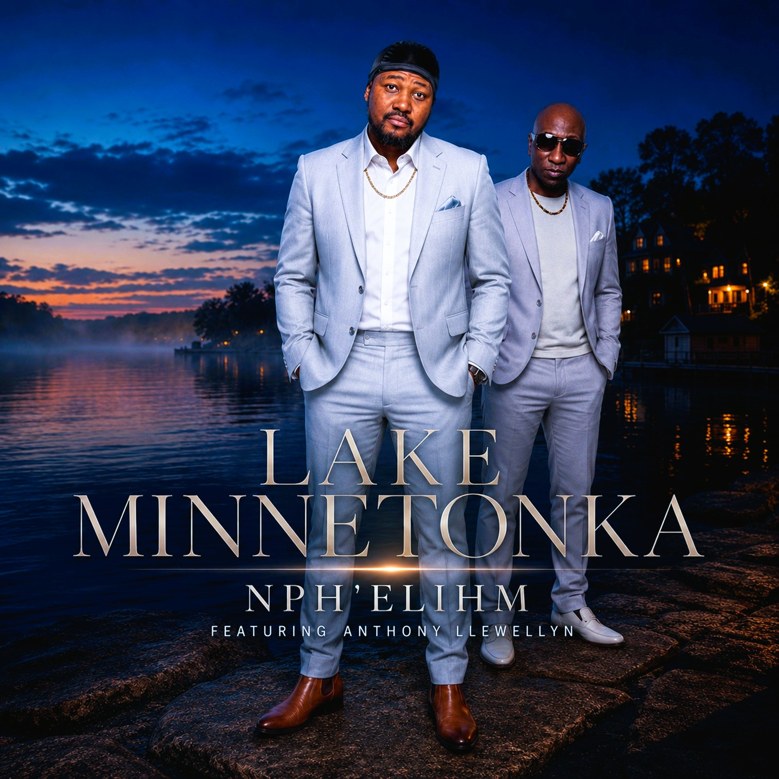 Lake Minnetonka artwork with NPH’ELIHM and Anthony Llewellyn in light suits beside the lake